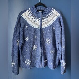Crystal-Kobe Women’s XL Fair Isle Snowflake Knit Zip Cardigan Sweater